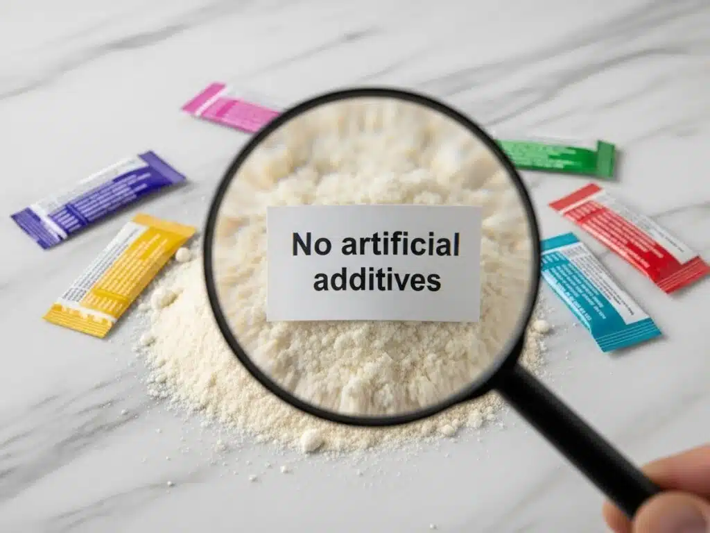 Macro shot of protein powder with scattered supplement labels, magnifying glass highlighting “No artificial additives”