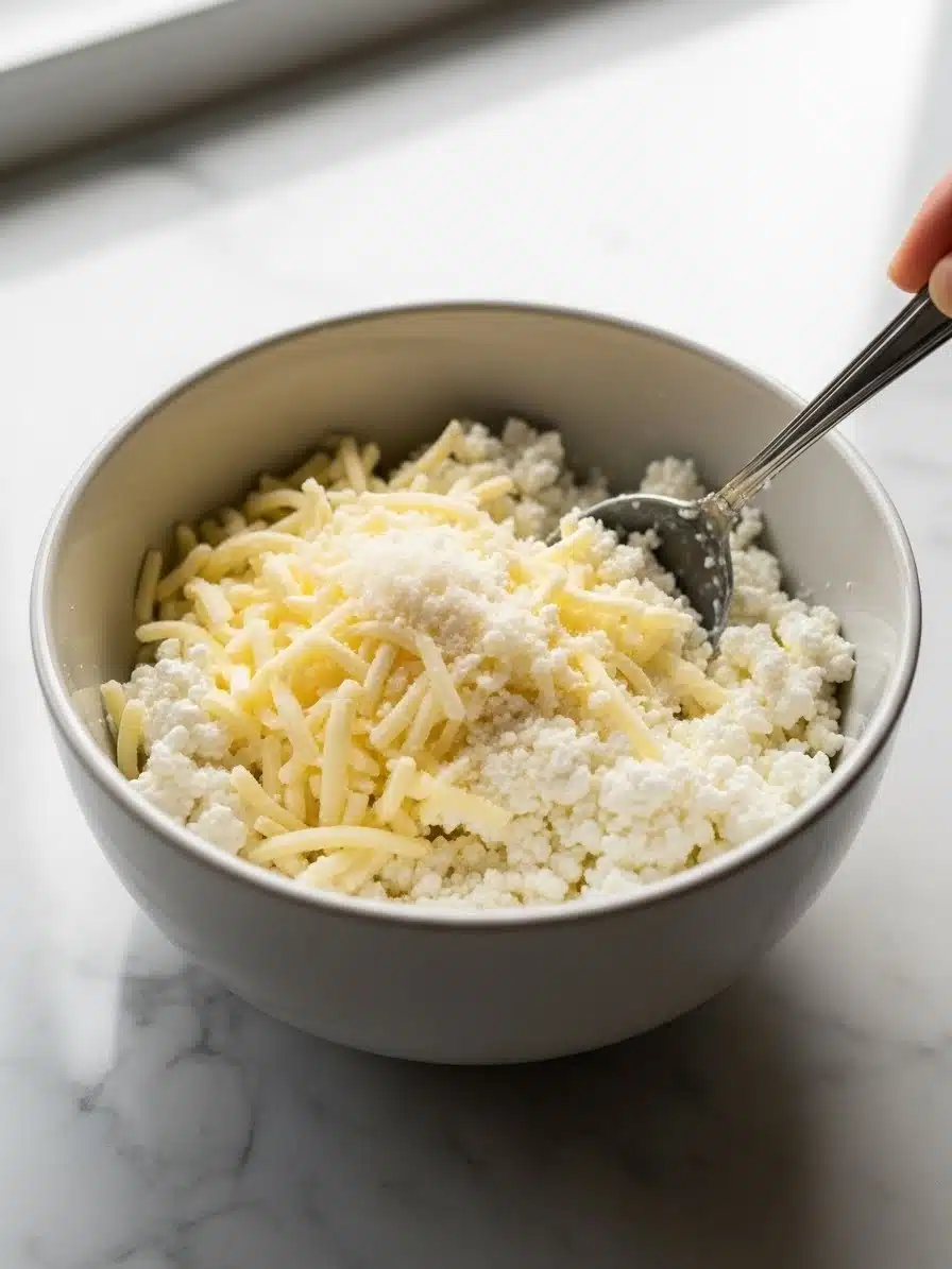 Medium bowl with full-fat cottage cheese, shredded mozzarella, and parmesan being combined with a spoon