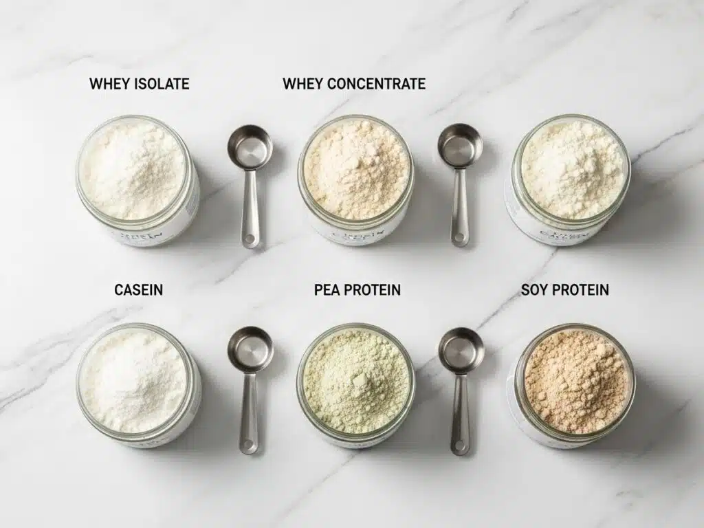 Organized grid layout on a marble countertop showing whey isolate, whey concentrate, casein, pea protein, and soy protein